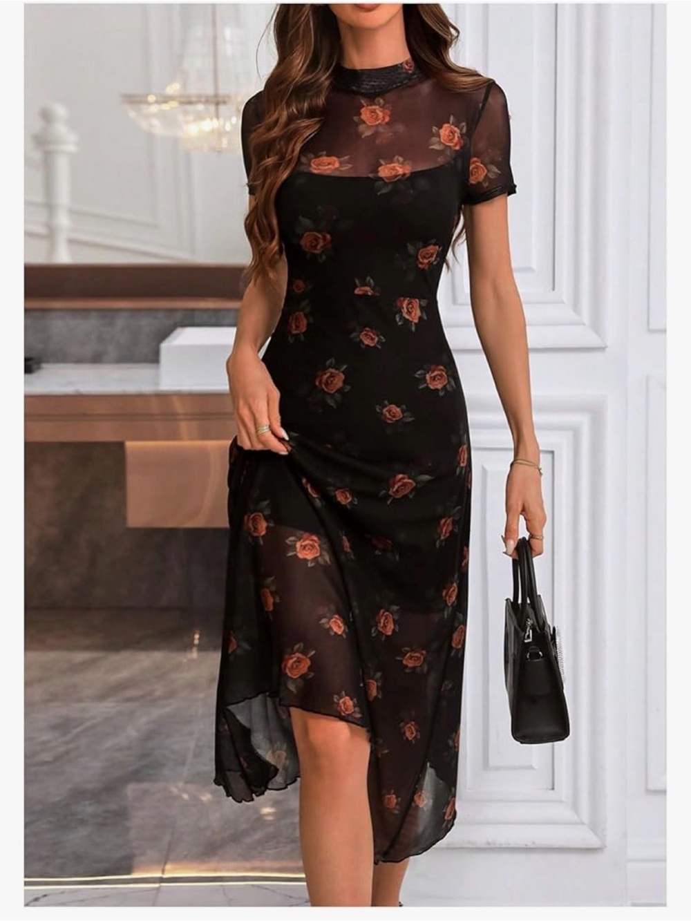 Sheer Floral Midi Dress - Black with Red Rose Print